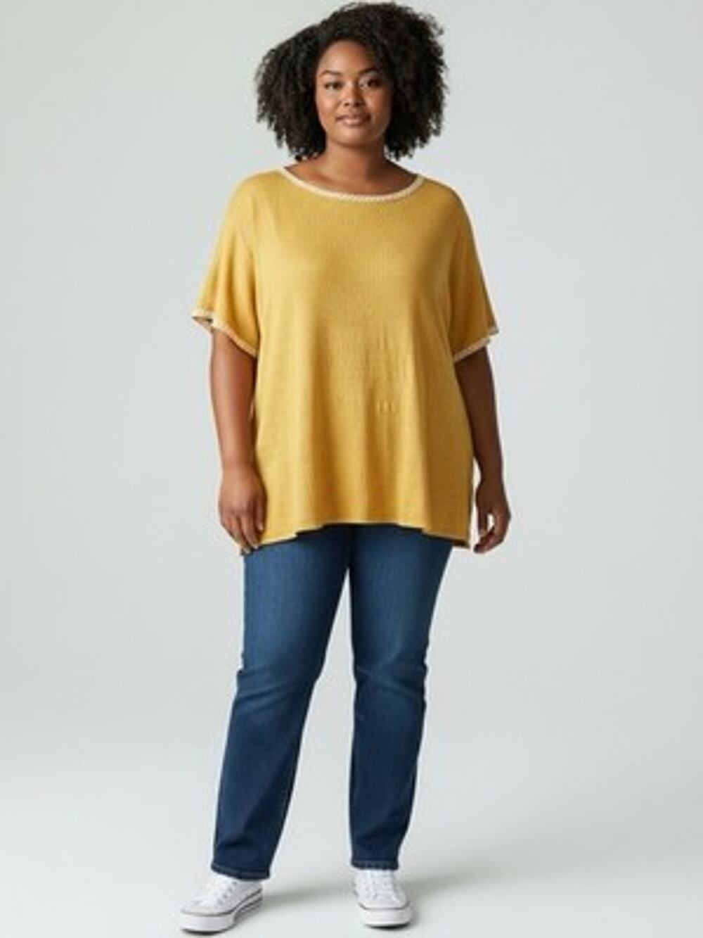 Max Studio Mustard Flutter Sleeve Round Neck Embroidered Hi Low Blouse 1X